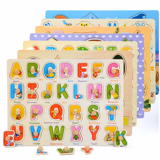 Montessori Wooden Puzzles Hand Grab Boards Toys Tangram Jigsaw Baby Educational Toys Cartoon Vehicle Animals Fruits 3D Puzzles