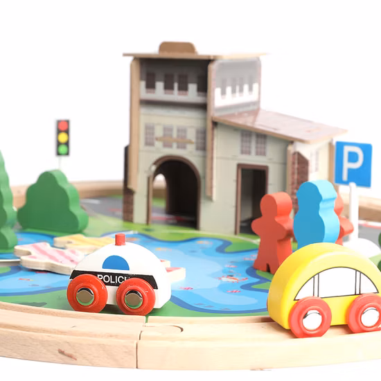 Vía de tren de madera de 39 piezas, juego de ferrocarril de madera para niños pequeños, vía de tren de madera