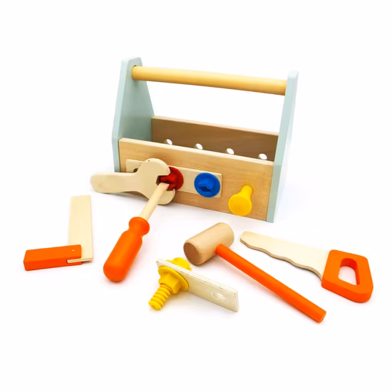 Fabricante de juguetes educativos de madera para bebés Proveedor Wkt308 Caja de herramientas de madera de 15 piezas de juguete para niños y bebés.