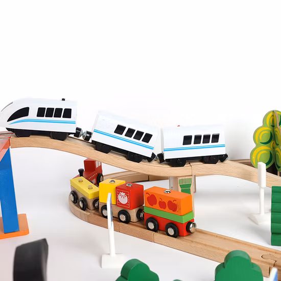 Juego de 88 vías de tren de madera para niños, vía de tren de juguete